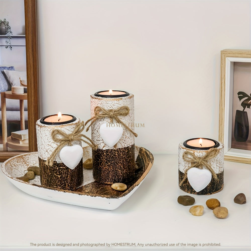 Wooden Candle Holder Set of 4 ¨C Love Heart Tray, Tea Light Holder, Knot Bow Decoration & Decorative Stone Bowl for Home Decor, Valentine's Day, Christmas & Easter Gift