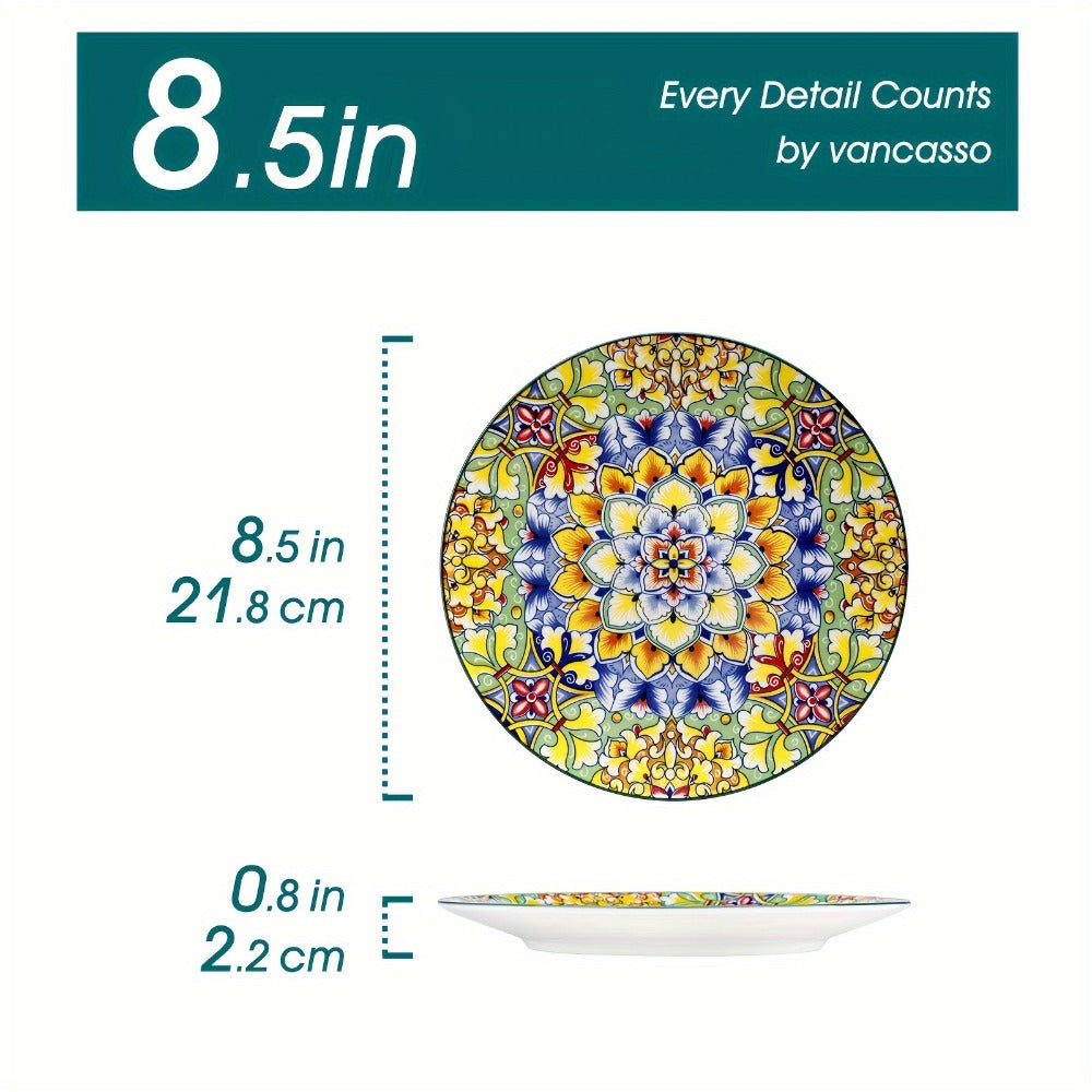 Bohemian Ceramic Dessert Plate Set of 6 - 8.5 Inch Colorful Abstract Pattern Dinnerware, Lead-Free Glazed Porcelain Plates, Dishwasher & Microwave Safe, Boho Home Decor Gift for Kitchen Dining Table