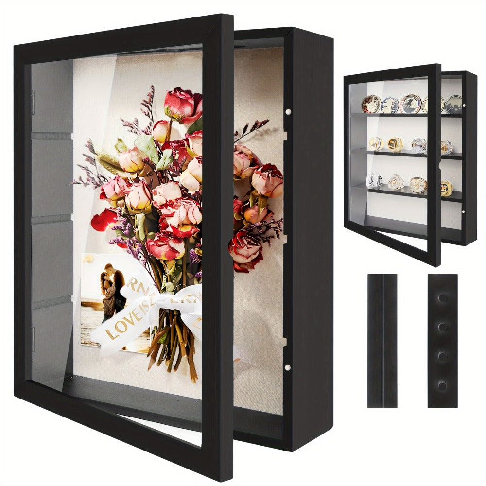 Shadow Box Frame with Linen Back ¨C Large Rustic Memory Display Case 11x14 & 12x16 Inch for Photos, Medals, Coins, Pins, Flowers & Collectibles, 4 Removable Shelves, Black White Brown