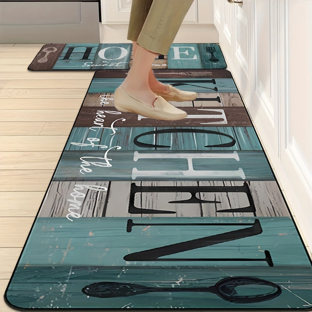 Diatomaceous Earth Kitchen Mat Set 2pcs - Non-Slip Anti-Fatigue Rug for Kitchen Bathroom Bedroom Hallway, Green Brown Wood Plank Pattern, Easy Clean