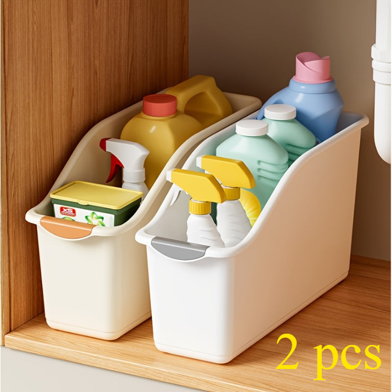 Plastic Multifunctional Storage Box Set of 2 - Curved Organizer Bins for Cleaning Supplies, Household Necessities, Kitchen Bathroom Countertop Home Organization