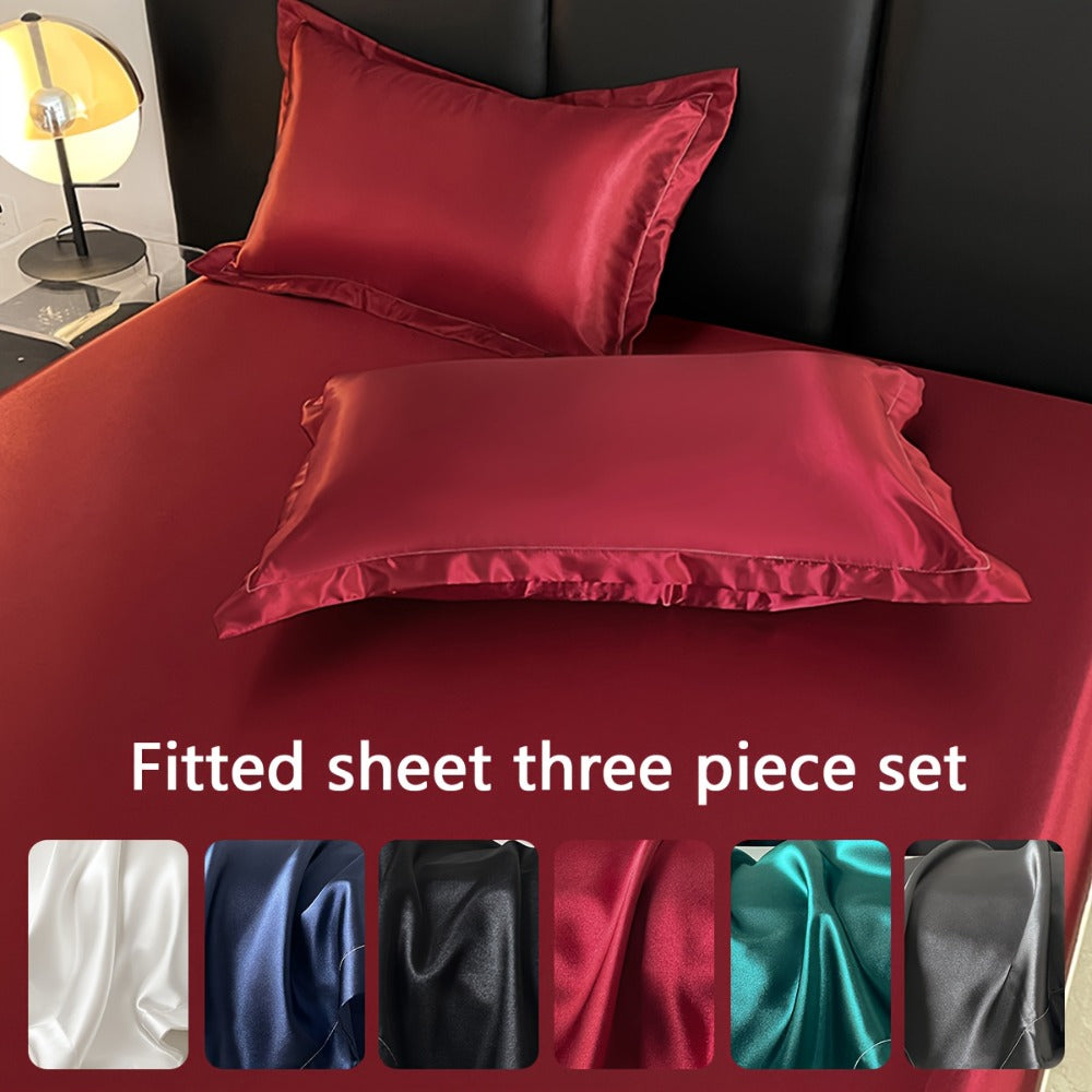 Satin Fitted Sheet Set with Pillowcases ¨C Cooling Smooth Breathable Wrinkle-Resistant Bed Sheets, Machine Washable Ultra Soft for Hot Sleepers, Twin Full Queen King, Multiple Colors