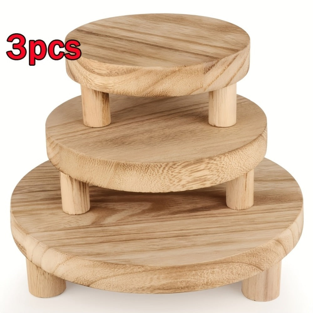 Wooden Display Riser Stands 3pcs Set Rustic Multi-Tier Cake Stand with Sleek Legs - Natural Wood Finish Decorative Organizer for Home Decor Tiered Tray Shelf Tabletop