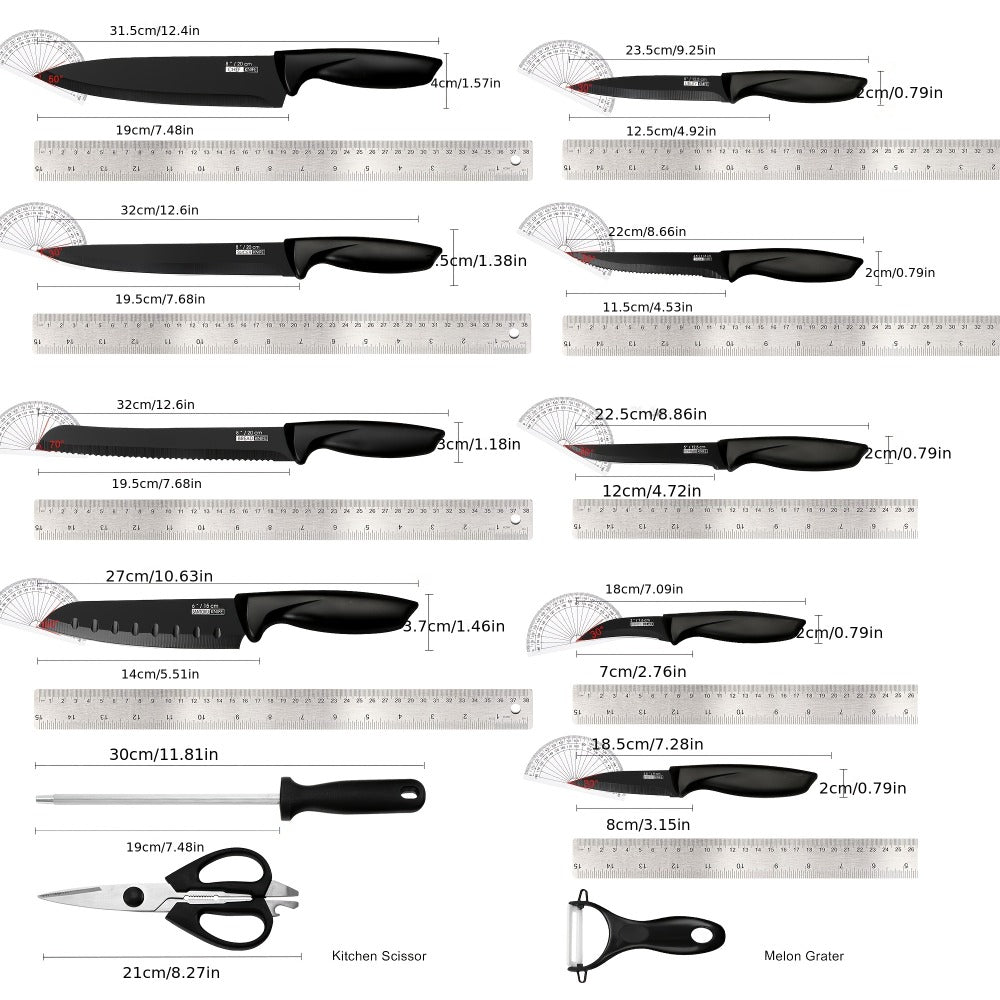 Kitchen Knife Set 15-Piece & 20-Piece Professional Chef Knives with Block Sharpener Ultra-Sharp Medium Carbon Stainless Steel Hammered Blade Wooden Handle Dishwasher Safe Gift for Men & Family