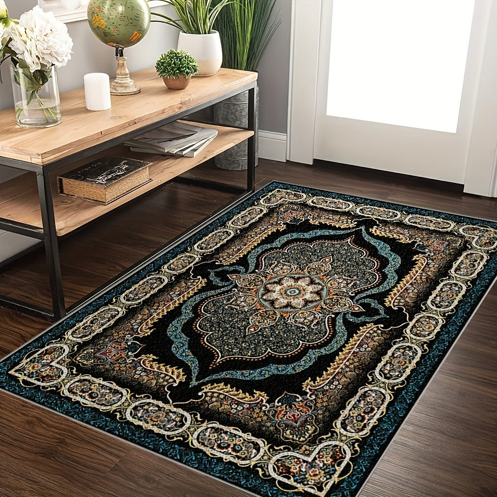 Bohemian Floral Area Rug Non-Slip Backing Machine Washable Velvet Floor Mat Shedding-Resistant 100% Polyester Soft Carpet for Living Room Bedroom Kitchen Office Modern Decorative Rug