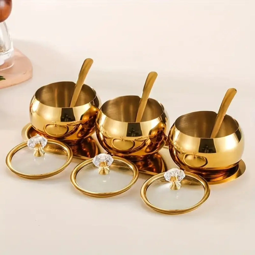 Golden Stainless Steel Seasoning Jar Set 2 or 3pcs Spice Containers with Lid and Spoon Serving Tray for Pepper Salt Spices Candy Coffee Beans Kitchen Organizer