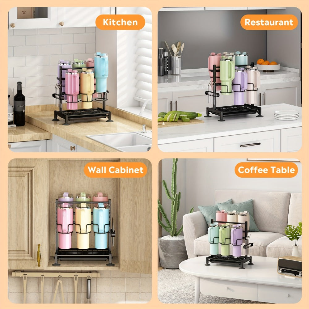 Cup Holder Rack 6-Grid Cast Iron Water Bottle Organizer for Kitchen Cabinet | Adjustable Height Drinkware Storage Rack Holds 40oz Cups Mugs Tumblers Stanley Bottles Space-Saving Kitchen Organizer