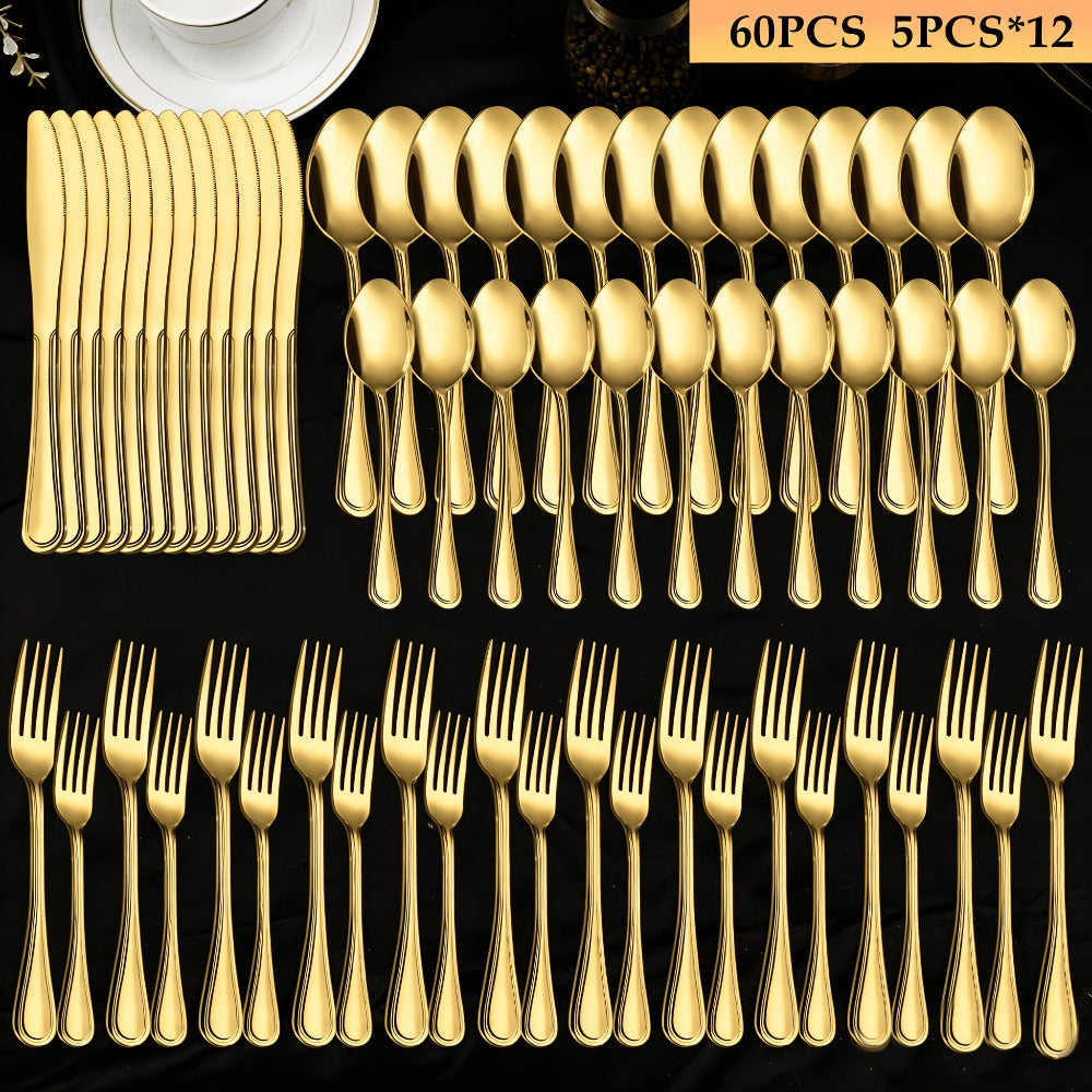 84-Piece Golden Cutlery Set Service for 12 | Knife Fork Spoon Set for Family Gatherings Camping BBQ Kitchen Utensils