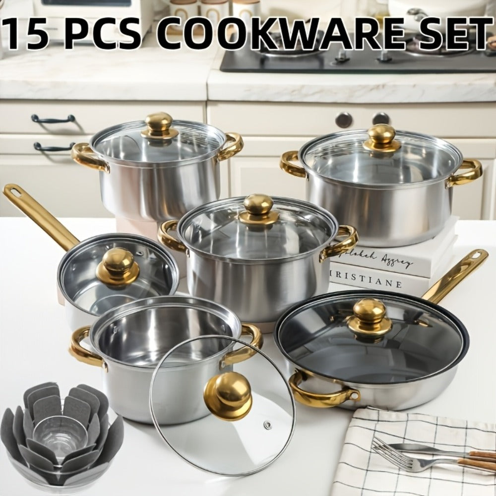 Stainless Steel Cookware Set 10 12 15 Piece Pots with Lids Double Handles Cooking Pot Set for Soup Hot Pot Noodles Pasta Home and Restaurant Kitchen Multiple Colors and Sizes Available