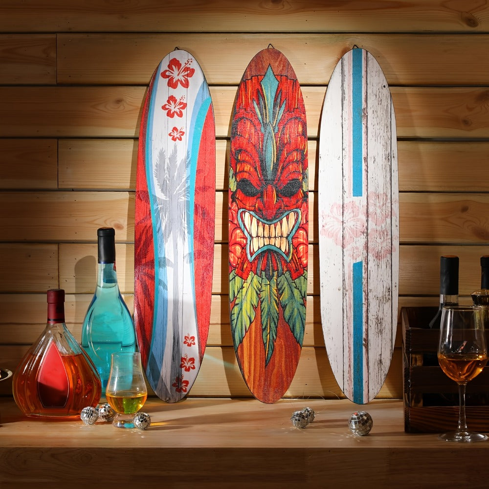 Wooden Surfboard Wall Art 15.74¡± ¨C Rustic Tropical Beach Decor with Hibiscus & Tiki Mask Design, Frameless Recycled Wood Wall Hanging for Hawaiian Bar, Home, Summer & Vacation Theme Decor