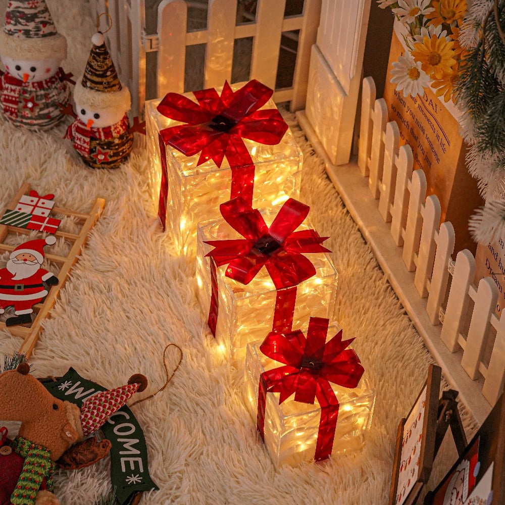Christmas Light-Up Gift Boxes Set of 3 ¨C USB & Battery LED Warm White Lighted Decorations with Timer, 8 Lighting Modes, Red Bow, Indoor Outdoor Holiday Home Decor