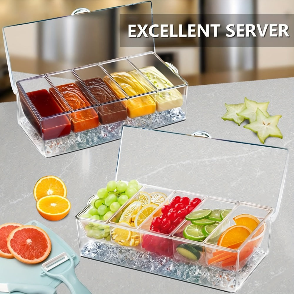 Bar Serving Tray on Ice with 5 Compartments & Lid ¨C Garnish Condiment Platter with 5 Forks & 3 Pliers, Clear Fruit Tray for Bar, Party & Entertaining