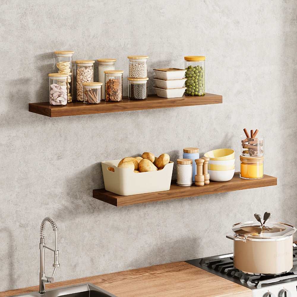 Floating Shelves Wall Mounted Set of 4 - 22 Inch Wall Shelves with Invisible Brackets for Bathroom Living Room Bedroom Kitchen Decor, Walnut Black White White Oak Light Brown