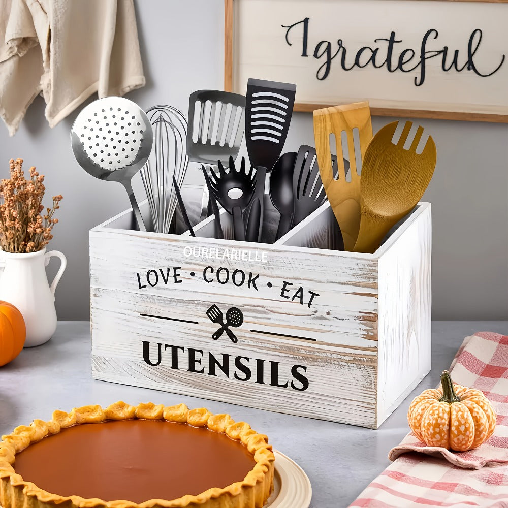 Wooden Cutlery Storage Box with Grid Compartments Chopstick Organizer Rack with Metal Accents for Kitchen Drawer Bedroom Desk Home Organization in Natural White Black