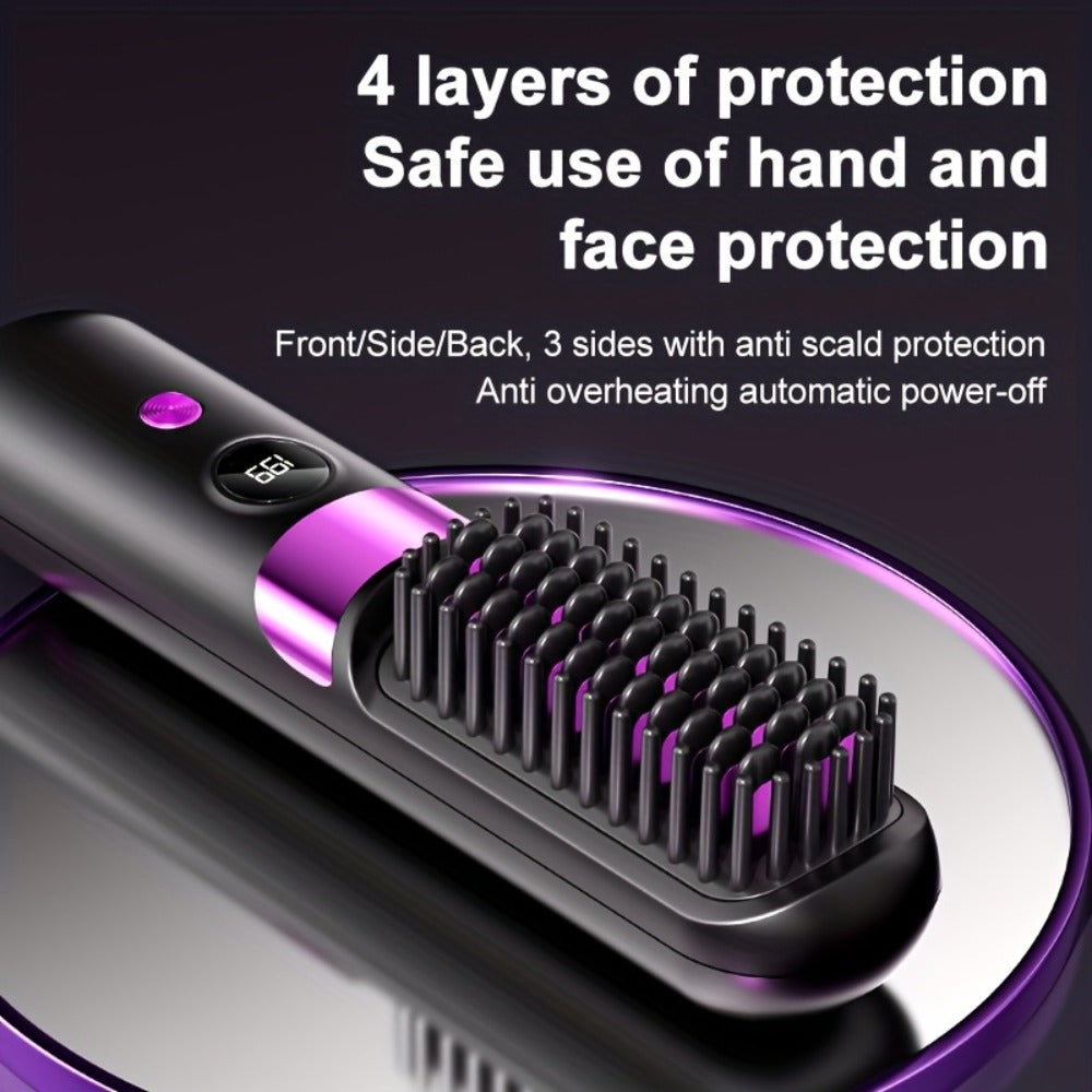 Wireless Hair Straightener Comb USB Rechargeable | Cordless Straightening Brush with Negative Ion, 3-Speed Temp Control, LED Display ¨C Travel Hair Styler