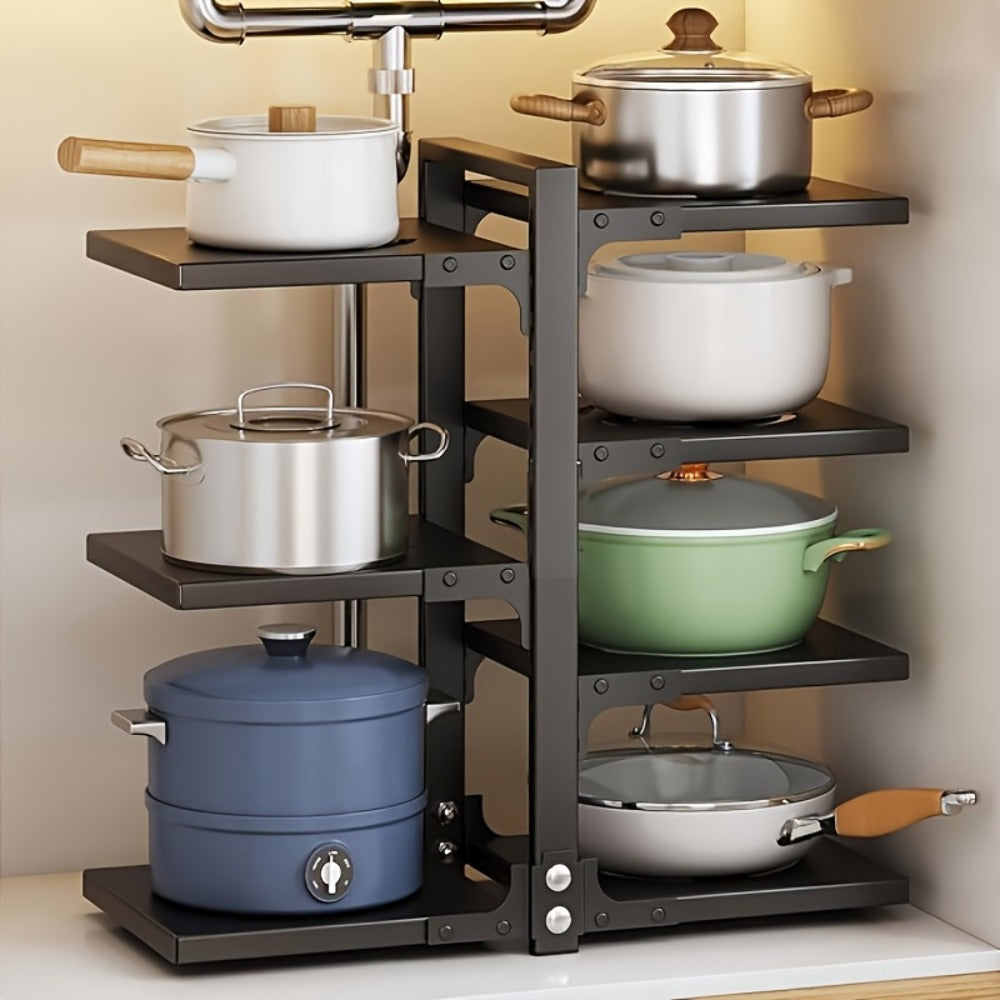 Kitchen Storage Rack Multi-Tier Adjustable - Drain Organizer for Pots Pans and Cutlery with Paint Finish, Floor Standing or Wall Mountable Pot Rack for Kitchen Counter and Cabinet, Available in 2 to 7 Tiers in Black White and Grey