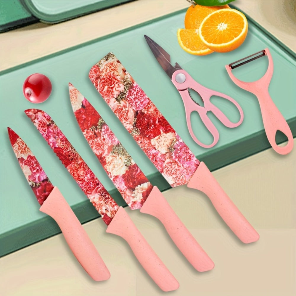 Kitchen Knife Set 6 Piece with Floral Pattern, High Carbon Stainless Steel Chef Knife Set with Ergonomic Handle, Sharp Meat Cleaver Bread Knife Scissors Peeler, Colorful Cooking Knife Gift Set for Women Men