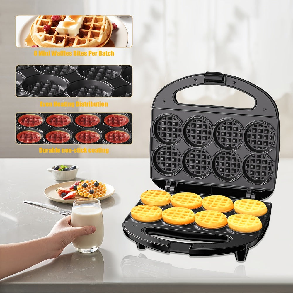 Mini Waffle Maker Machine Makes 8 Bite-Sized 2-Inch Waffles, Dual Non-Stick Aluminum Plates, Cool-Touch Handle, Compact Space-Saving Design for Family Breakfast, Snacks & Desserts