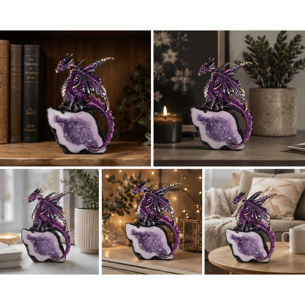Dragon Figurine Purple Dragon Guarding Crystal Cave Statue 5.5 Inch Polyresin Sculpture Collectible Home Decor for Bookshelf Office Living Room Unique Gift for Birthdays Housewarmings Holidays Fantasy Lovers