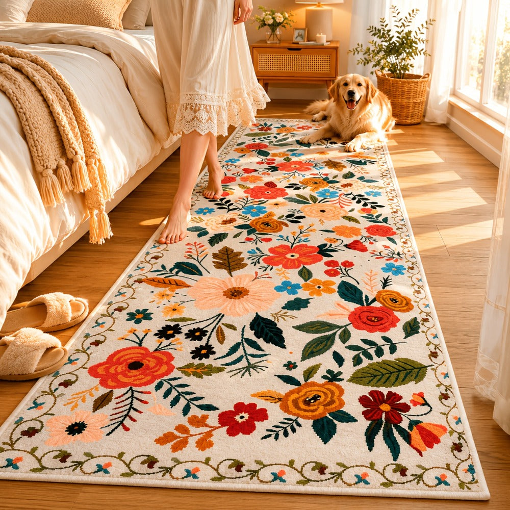 Bohemian Floral Plush Rug Non-Slip Machine Washable ¨C Soft Floral Runner Mat for Bedroom, Kitchen, Bathroom, Entryway & Living Room ¨C Easy Clean Indoor Home Decor Mat, 4 Sizes