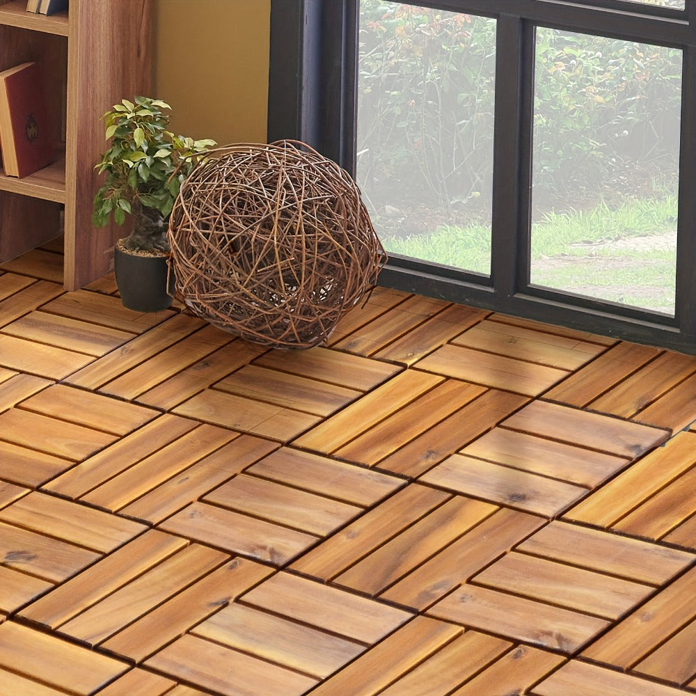 Interlocking Acacia Wood Deck Tiles 27-Pack ¨C 12x12 Inch Oil-Finished Slat Tiles, Covers 27 Sq Ft, Tool-Free Install, for Patio, Balcony, Garden, Deck & Indoor Flooring