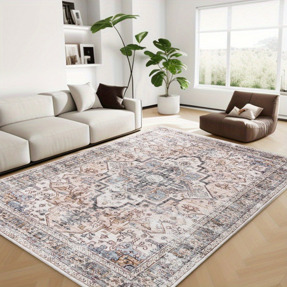 Bohemian Area Rug Ultra-Soft Non-Slip Washable Retro Foldable Carpet for Living Room Bedroom in Beige and Grey Multiple Sizes