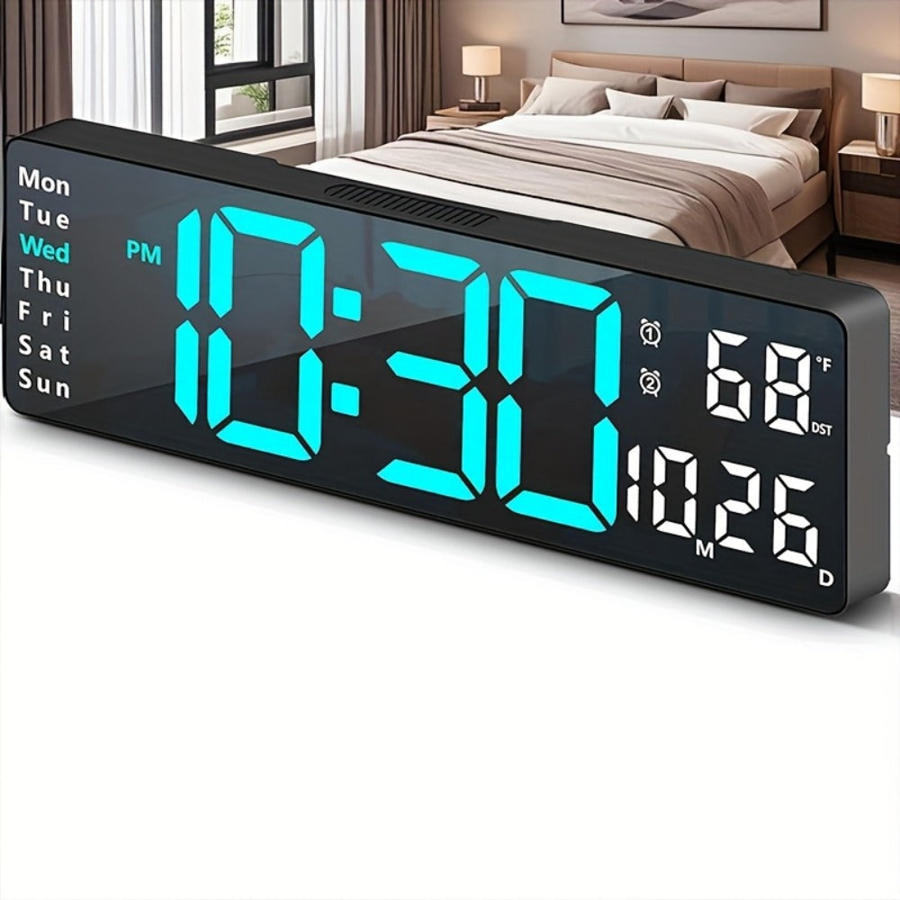 Large Digital Wall Clock 16 Inch LED Color Display, Smart Auto-Dimming 10-Level Brightness, Time Temperature Humidity Monitor, Dual Alarm with Snooze, USB Powered with Remote Control for Living Room Office Bedroom