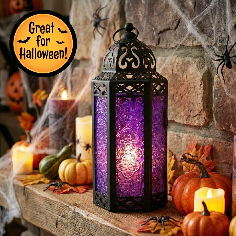 Moroccan Candle Lantern Holder - Decorative Metal & Glass Lantern with Embossed Floral Design for Indoor Home Decor, Garden, Patio, Weddings, Ramadan, Halloween & Holiday Celebrations - 10.5¡± Tall Medium Size