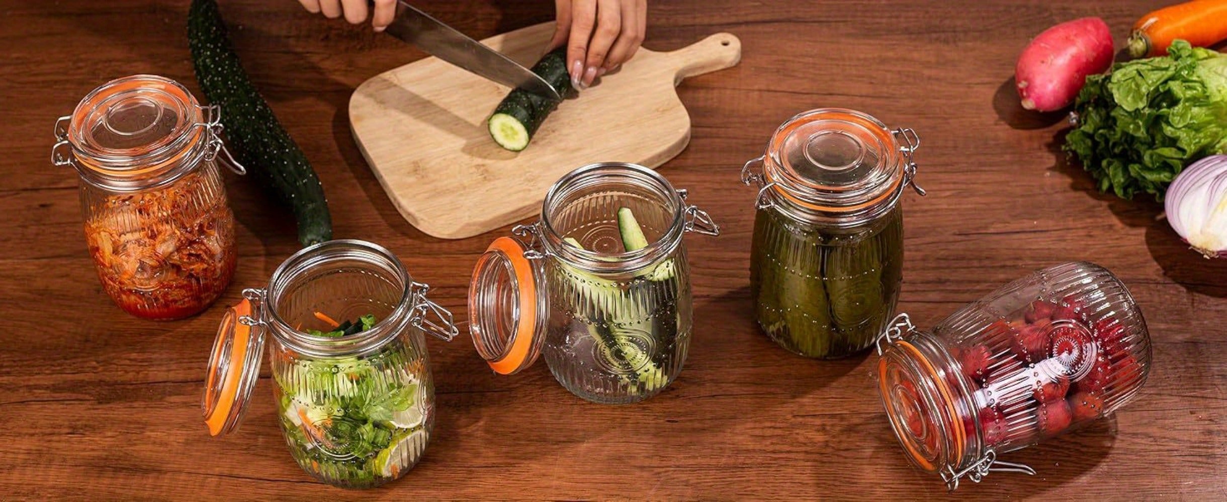 Mason Jars 6 Pack 32oz Wide Mouth Airtight Glass Canister Set with Hinged Lids Vintage Sunflower Pattern Kitchen Storage Jars for Coffee Sugar Beans Spices Dry Goods Pantry Organization