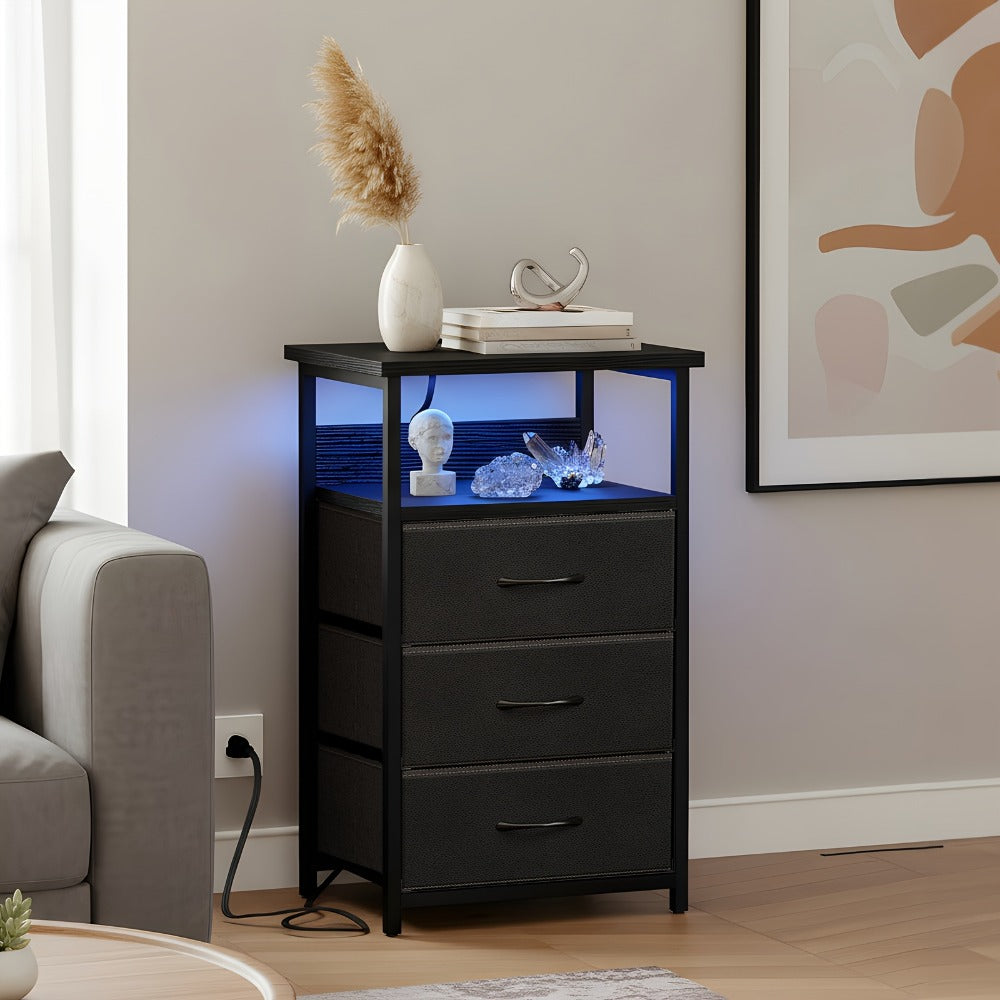 Nightstand with Charging Station & USB Port | 3-Drawer Bedside Table with LED Light, Heavy Duty End Table for Bedroom, Dorm & Small Spaces