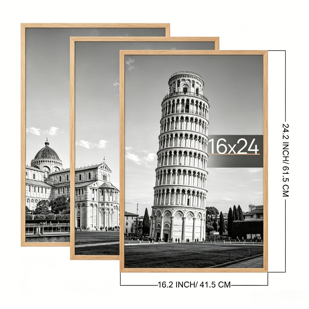 16x24 Picture Frame Set of 3, Poster Frames 16 x 24 Inch with Scratch-Proof Cover, Slide-In Assembly, Horizontal & Vertical Wall Mount Display - Black, Gold, Natural