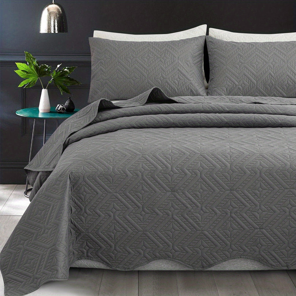 Bedspread Set 3 Piece Striped Rhombus Pattern Soft Breathable Bed Cover with 2 Pillowcases Lightweight Comforter Alternative Bedding Set for Bedroom Dorm Room