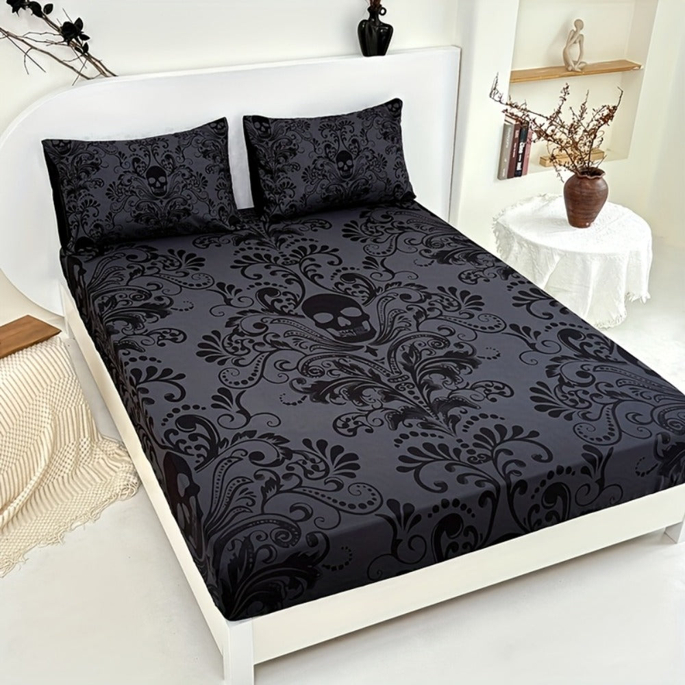 Gothic Skull Fitted Sheet Set 3-Piece ¨C Victorian Baroque Halloween Bedding | 1 Deep Pocket Fitted Sheet + 2 Pillowcases | Machine Washable Hypoallergenic Polyester | Twin Full Queen King