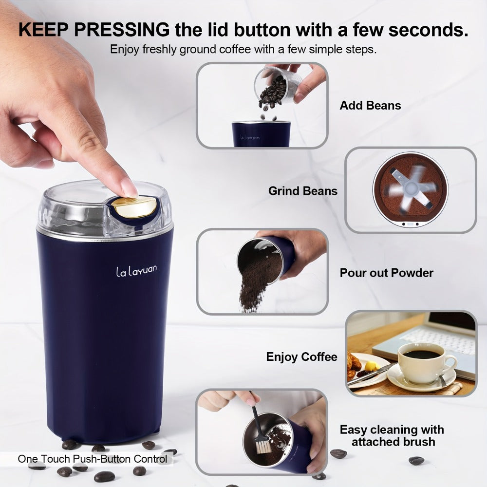 Electric Coffee Grinder 200W | Quiet Spice Grinder | 80g Large Capacity 12 Cups | 304 Stainless Steel Blade | One-Touch Operation | Grinds Coffee Beans Spices Nuts Grain | Blue Black