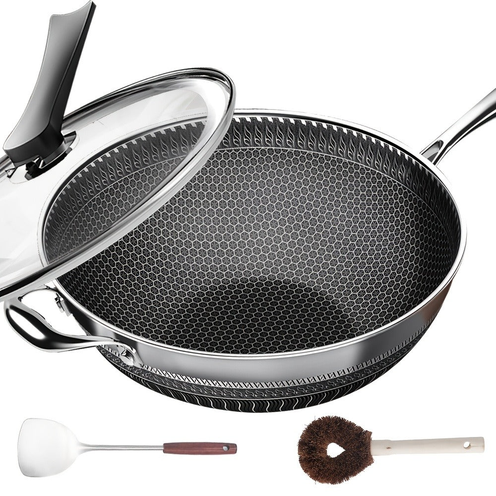 Stainless Steel Wok Set 13.3 Inch Non-stick Honeycomb Design with Lid & 2 Cookware Accessories ¨C Induction Compatible Cooking Pan for Electric Ceramic Gas Stove, Dishwasher Safe