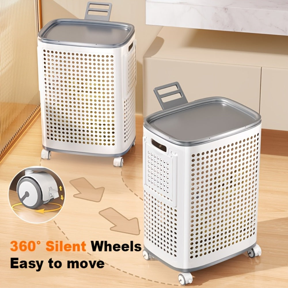 Rolling Laundry Basket with Lid and Wheels ¨C Large Foldable Ventilated Storage Bin with Lockable Casters, Removable Inner Basket for Underwear, Space-Saving Clothes Hamper for Bedroom & Bathroom