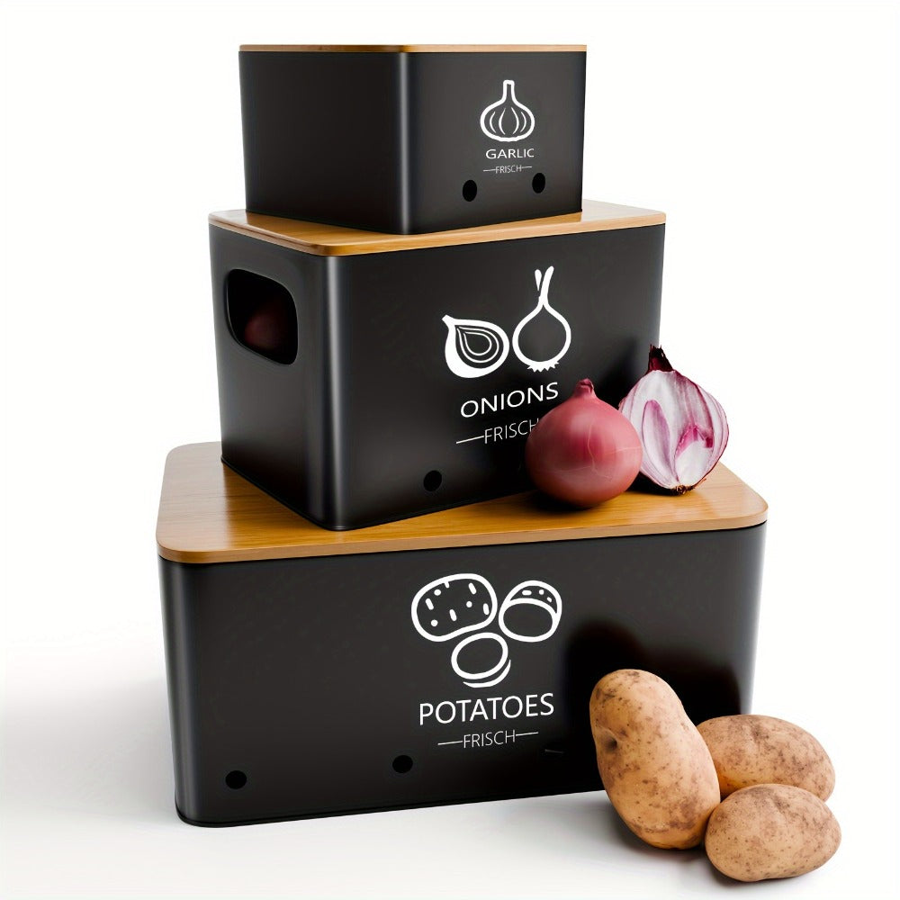 Vegetable Storage Box Set 3 Piece ¨C Potato Onion Garlic Organizer Canisters with Flip-Top Lid, Metal Pantry Kitchen Food Storage Containers