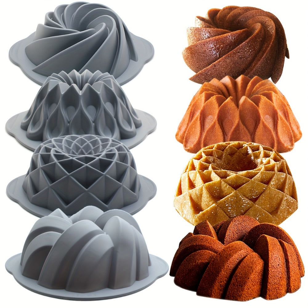 Silicone Bundt Cake Pan Set 9-Piece, Nonstick Fluted Hollow Cake Molds in Crown Nest Spiral Braided Shapes, Easy Release Silicone Baking Molds for Cakes Brownies Flan Meatloaf, Light Gray
