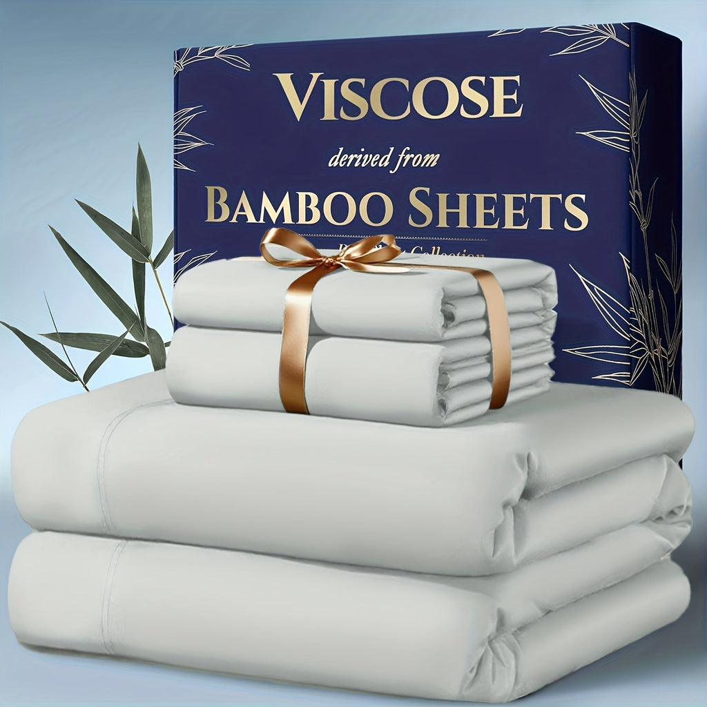 Bamboo Cooling Bedding Set 4pcs - Deep Pocket Fitted Sheet, Flat Sheet & Pillowcases for Hot Sleepers, Breathable Soft Viscose Sheets Twin Full Queen King