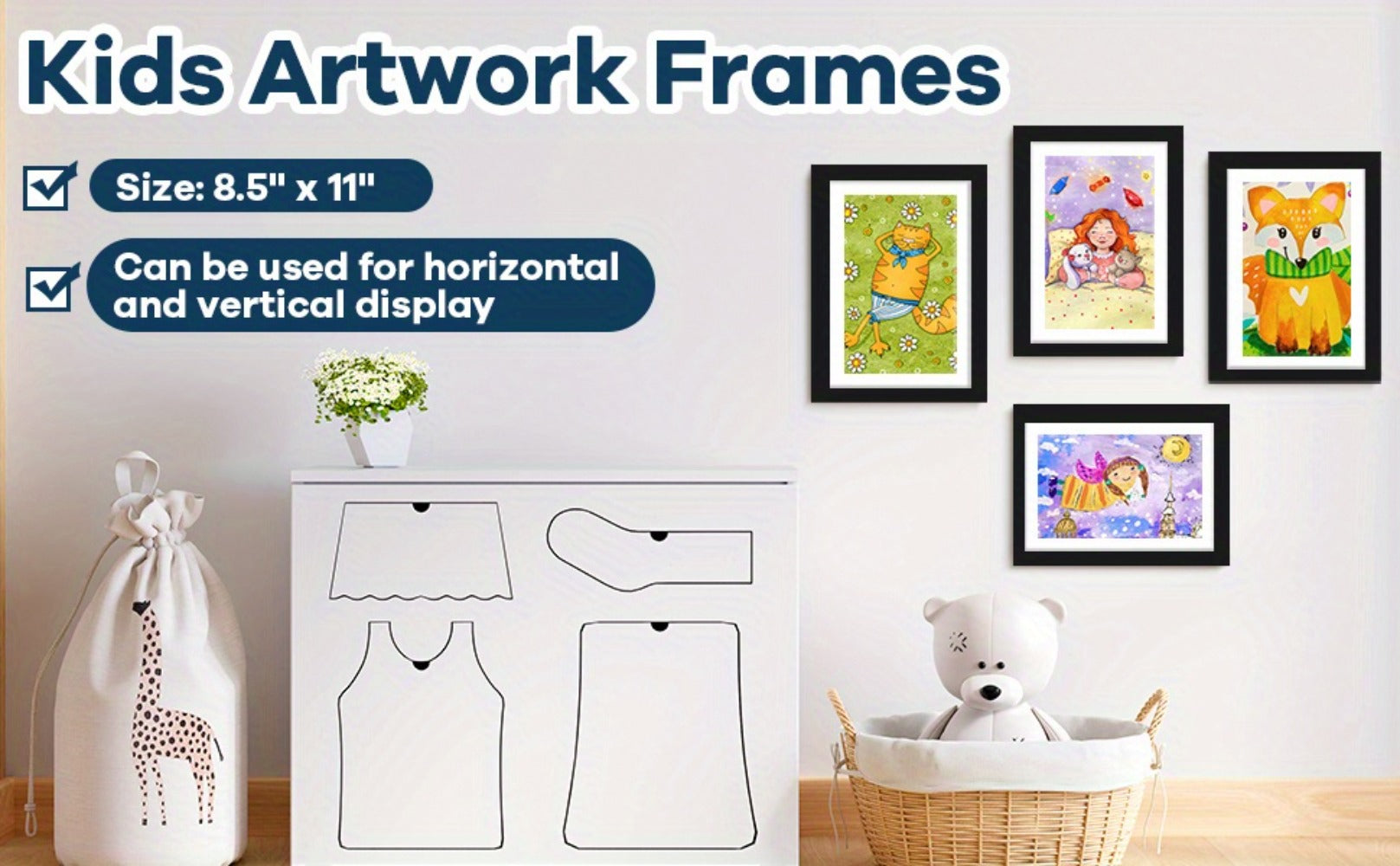 Kids Artwork Frames Front Opening Changeable 8.5x11 Inch Children Art Display Picture Frame for Drawing Crafts Photos Holds 130 Pieces Wood Black White