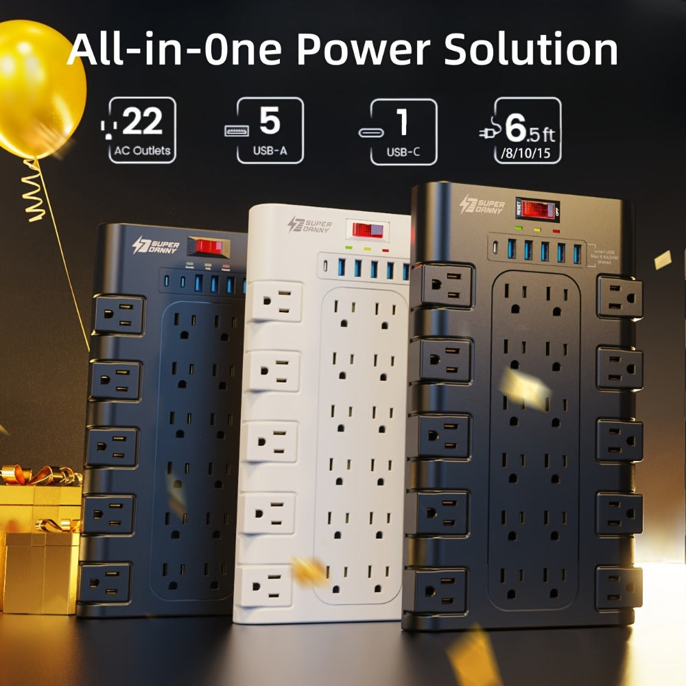 Surge Protector Power Strip 28-in-1, 22 AC Outlets 1875W 15A, 5 USB-A 1 USB-C Ports, Flat Plug Wall Mount, Overload Protection, Space-Saving Extension Cord for Home Office Kitchen Desk