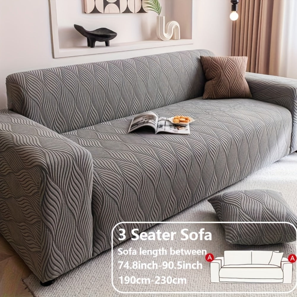 Polar Fleece Sofa Cover Modern Jacquard Elastic Slip-Resistant All Season Furniture Protector for Living Room Office Bedroom - 1 2 3 4 Seater with Free Matching Pillowcase