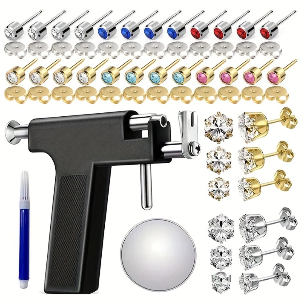 Ear Piercing Gun Kit 36pcs - 24 Stainless Steel Studs & 12 Crown-Shaped Earrings with Reusable Black Piercing Tool, Marking Pen & Stainless Steel Jewelry Set for Home Salon Use