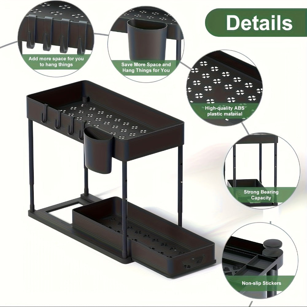 Under Sink Organizer 2-Tier Sliding Cabinet Basket with Hooks ¨C Adjustable Bathroom Kitchen Shelf Storage Rack for Cabinets
