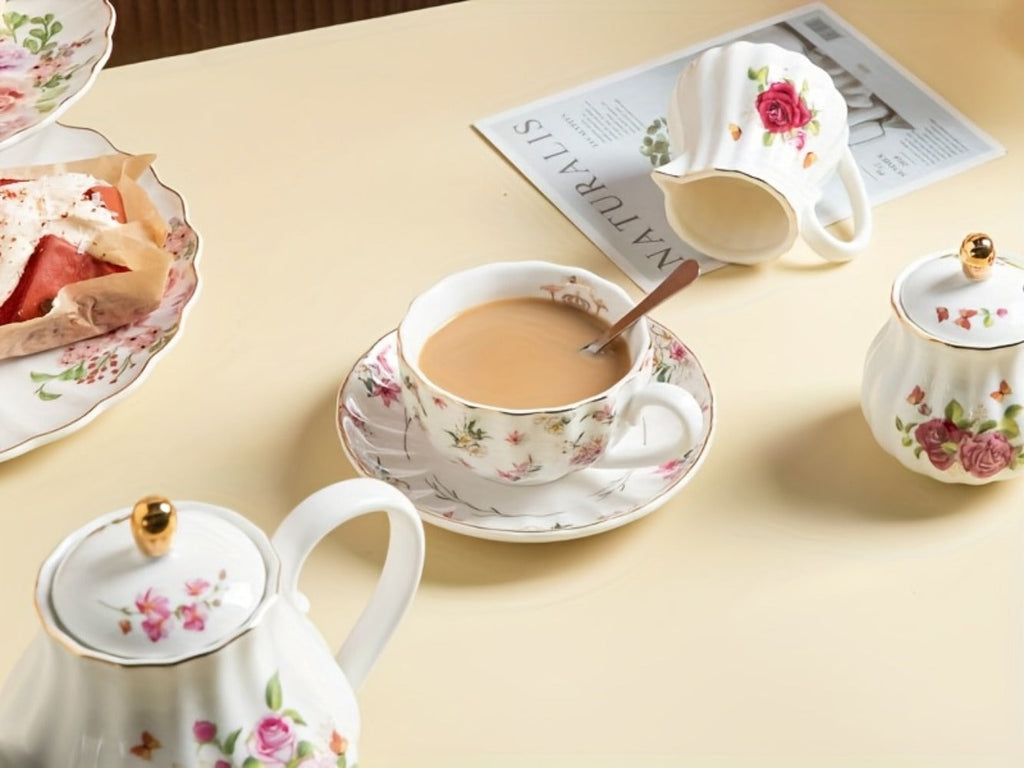 Porcelain Tea Set Service for 6 British Royal Floral Design with Teapot Sugar Bowl Cream Pitcher Teaspoons Tea Strainer 8oz Cups Saucers for High Tea Wedding Party Gift