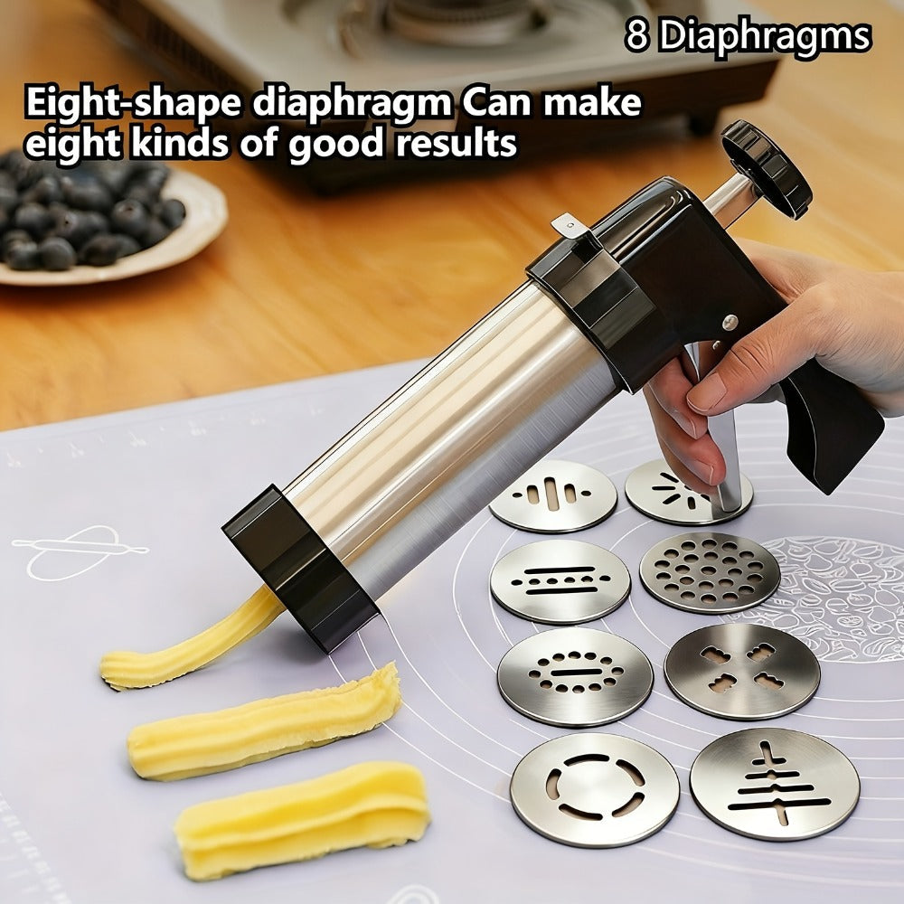 Cookie Press Set 8 Piece Stainless Steel Manual Churro Maker Flower Cookie Mold Baking Tool Set for Christmas Cookies Biscuit Decorating No Electricity Needed