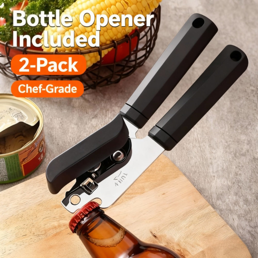 Can Opener 3-in-1 Stainless Steel Manual Can Opener with Smooth Edge Bottle Opener Ergonomic Handle Heavy Duty Kitchen Tool Universal Fit Home Cook Chef Gift 2 Pack