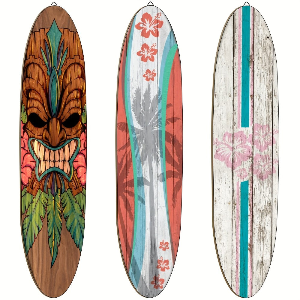 Wooden Surfboard Wall Art 15.74¡± ¨C Rustic Tropical Beach Decor with Hibiscus & Tiki Mask Design, Frameless Recycled Wood Wall Hanging for Hawaiian Bar, Home, Summer & Vacation Theme Decor