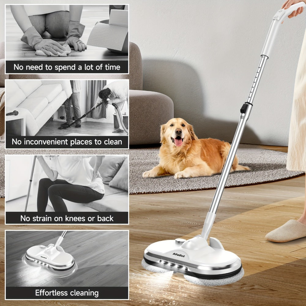 Cordless Electric Spin Mop Floor Cleaner with LED Headlight & Water Spray Tank ¨C Powerful Wireless Spinning Mop for Hardwood & Tile Floors, Quiet Motor, Self-Cleaning & Waxing Function (White)