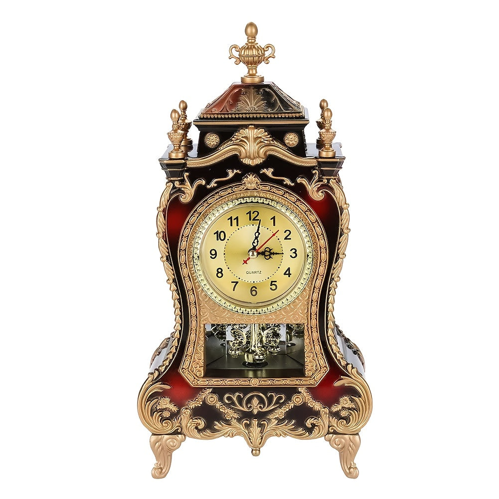 Vintage Desktop Alarm Clock with 12 Melodies European Style Decorative Table Clock for Living Room Bedroom Study Office Retro Burgundy Tabletop Clock 14 Inch